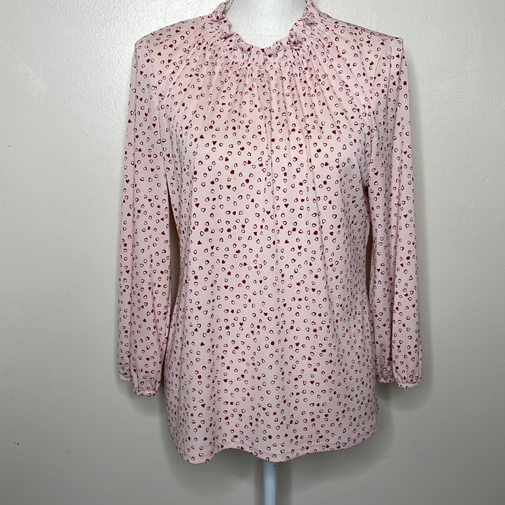 ADRIANNA PAPELL Blouse Pink & Red Heart Pattern Ruffle Neck Gathered Sleeves and